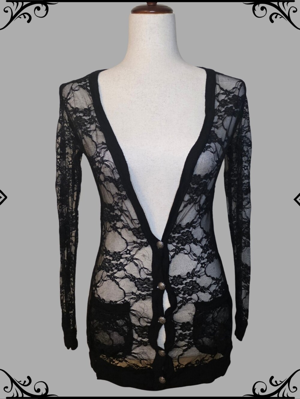 VTG Gothic Ginger G Black Lace Sheer Button Down Top